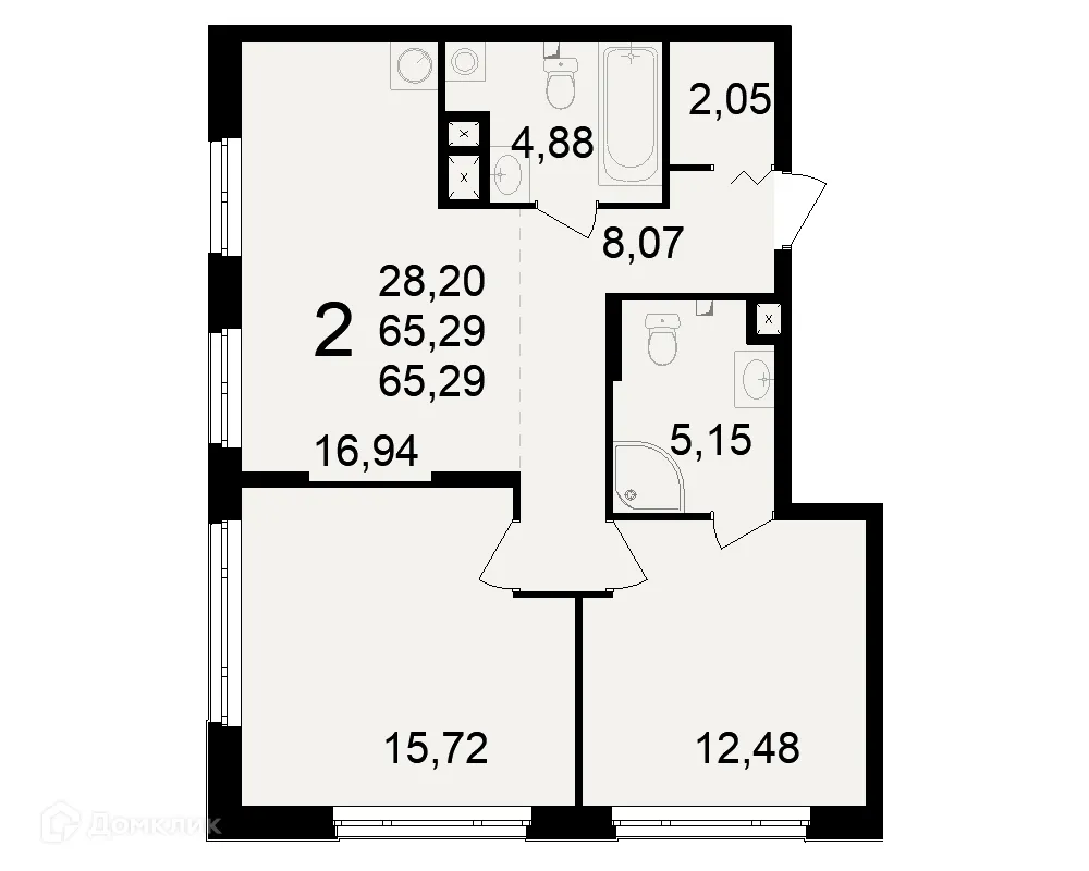 Планировка 2-комнатной квартиры 65.29 м² в ЖК Макроквартал "Свобода", г. Рязань — фото 1