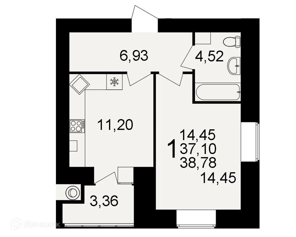 Планировка 1-комнатной квартиры 38.78 м² в ЖК Видный, г. Рязань — фото 1