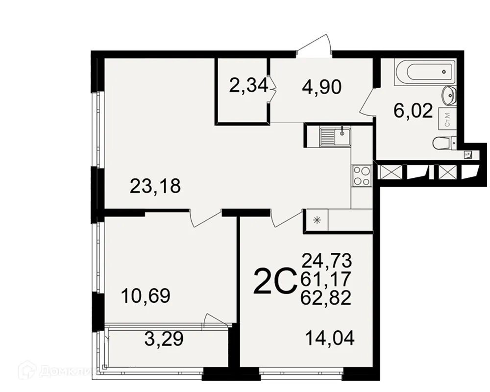 Планировка 2-комнатной квартиры 62.82 м² в ЖК Большая история, г. Рязань — фото 1