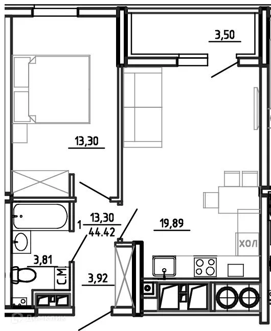 Планировка 1-комнатной квартиры 44.42 м² в ЖК Смарт Квартал ЦЕНТРАЛЬНЫЙ, г. Рязань — фото 1