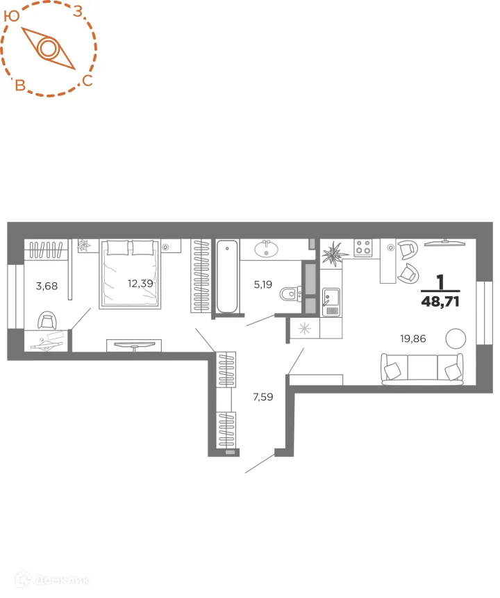 Планировка 1-комнатной квартиры 48.71 м² в ЖК Нобель, г. Рязань — фото 1