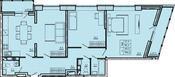 Планировка 3 комн. в ЖК "Ривер Парк"