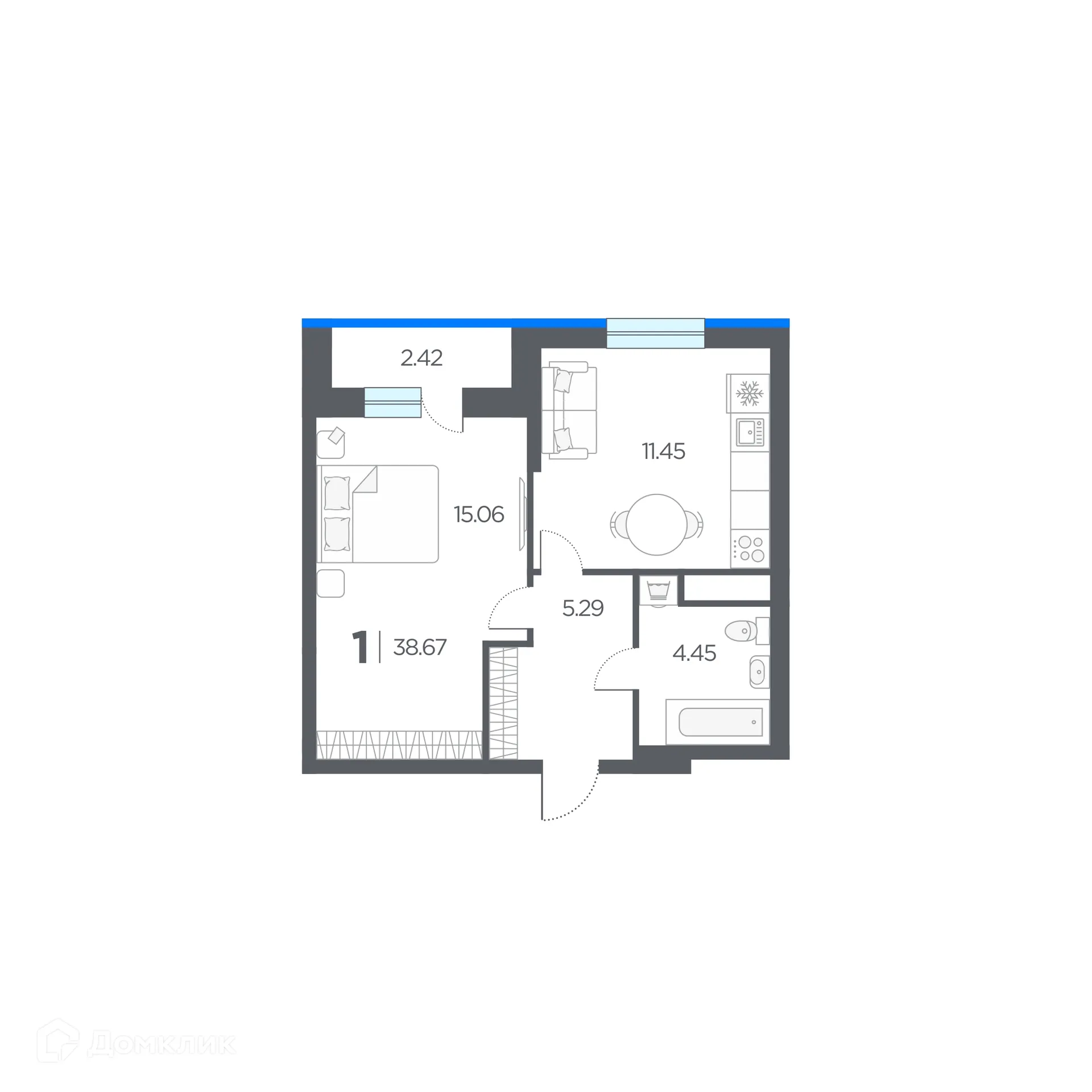Планировка 1-комнатной квартиры 38.67 м² в ЖК Окские просторы, г. Рязань — фото 1