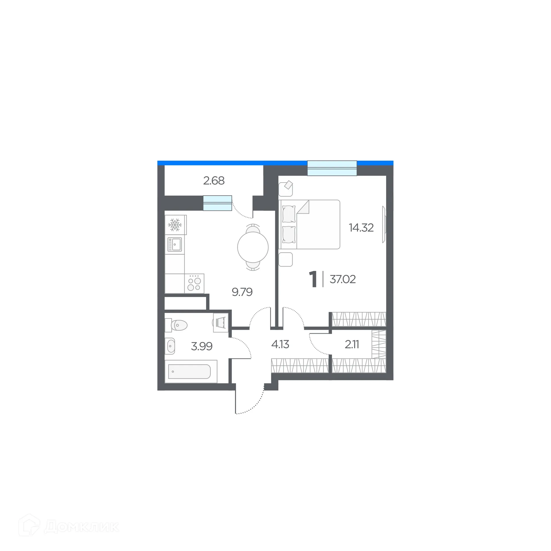 Планировка 1-комнатной квартиры 37.02 м² в ЖК Окские просторы, г. Рязань — фото 1