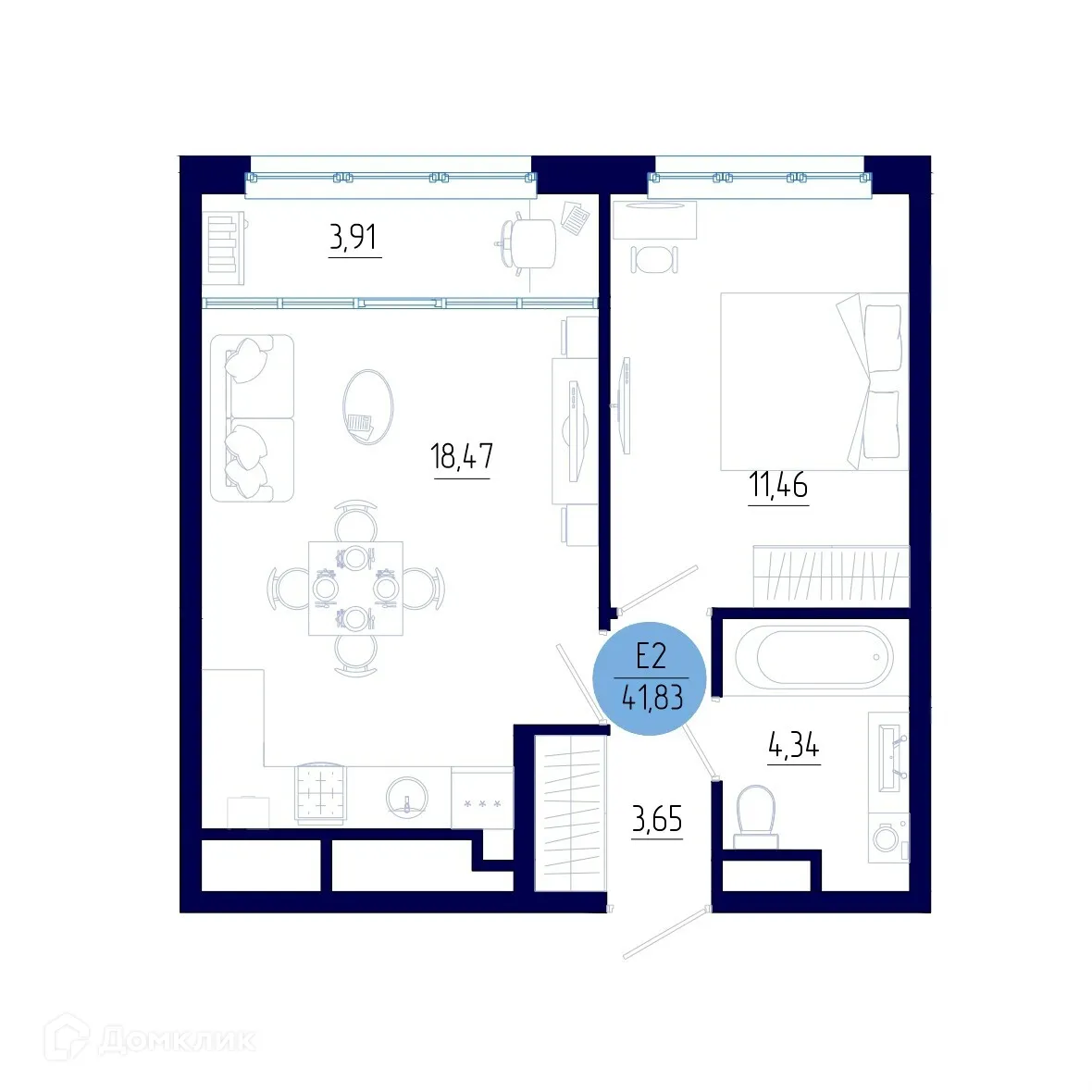 Планировка 1-комнатной квартиры 41.83 м² в ЖК Бульвар оптимистов, г. Дядьково — фото 1