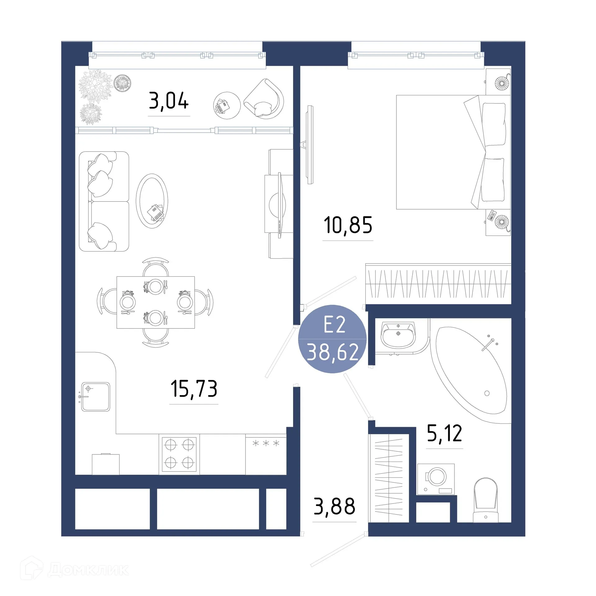 Планировка 1-комнатной квартиры 38.62 м² в ЖК Бульвар оптимистов, г. Дядьково — фото 1