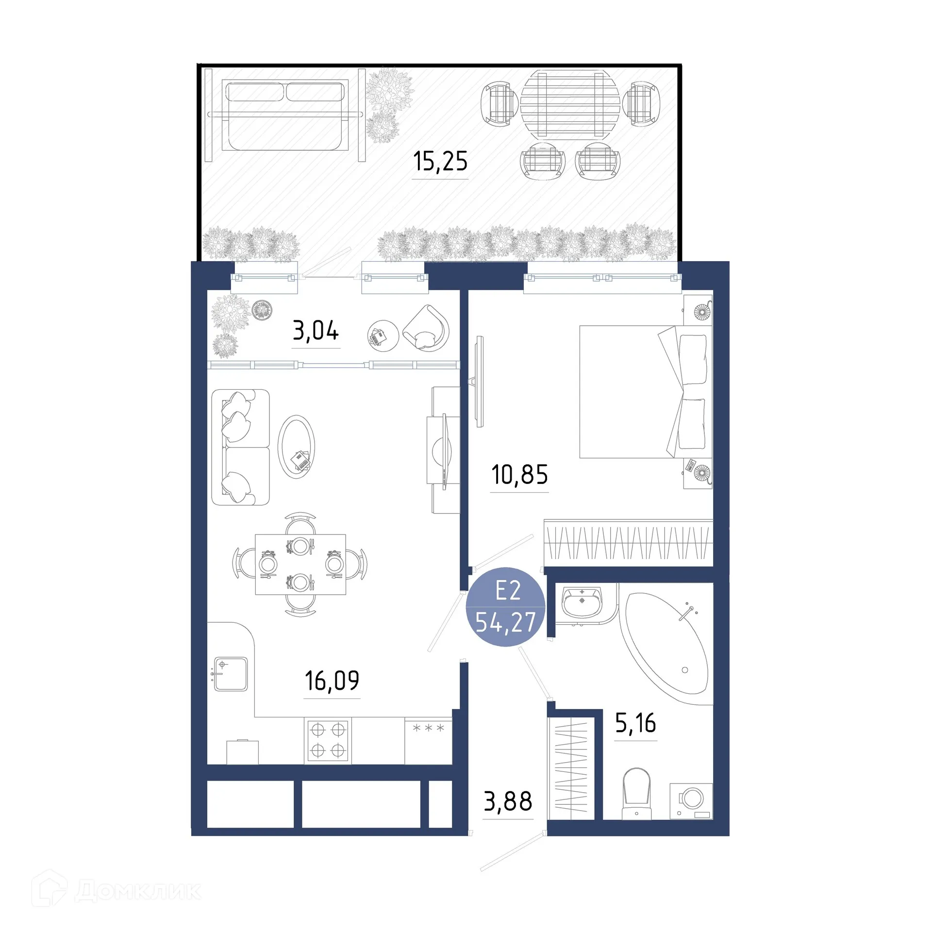 Планировка 1-комнатной квартиры 54.27 м² в ЖК Бульвар оптимистов, г. Дядьково — фото 1