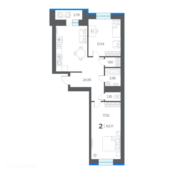Планировка 2 комн. в ЖК ОГНИ