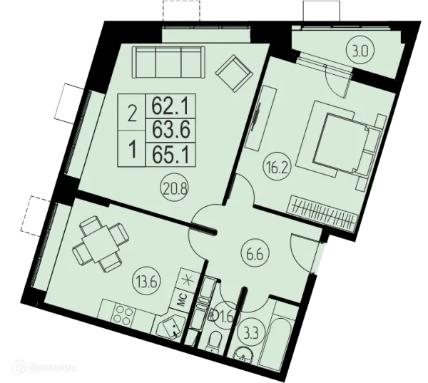 Планировка 2 комн. в ЖК "Ривер Парк"