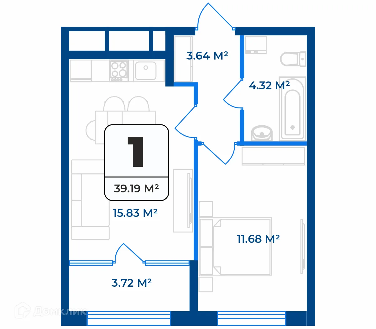 Планировка 1-комнатной квартиры 37.33 м² в ЖК Дом на Разина, г. Рязань — фото 2