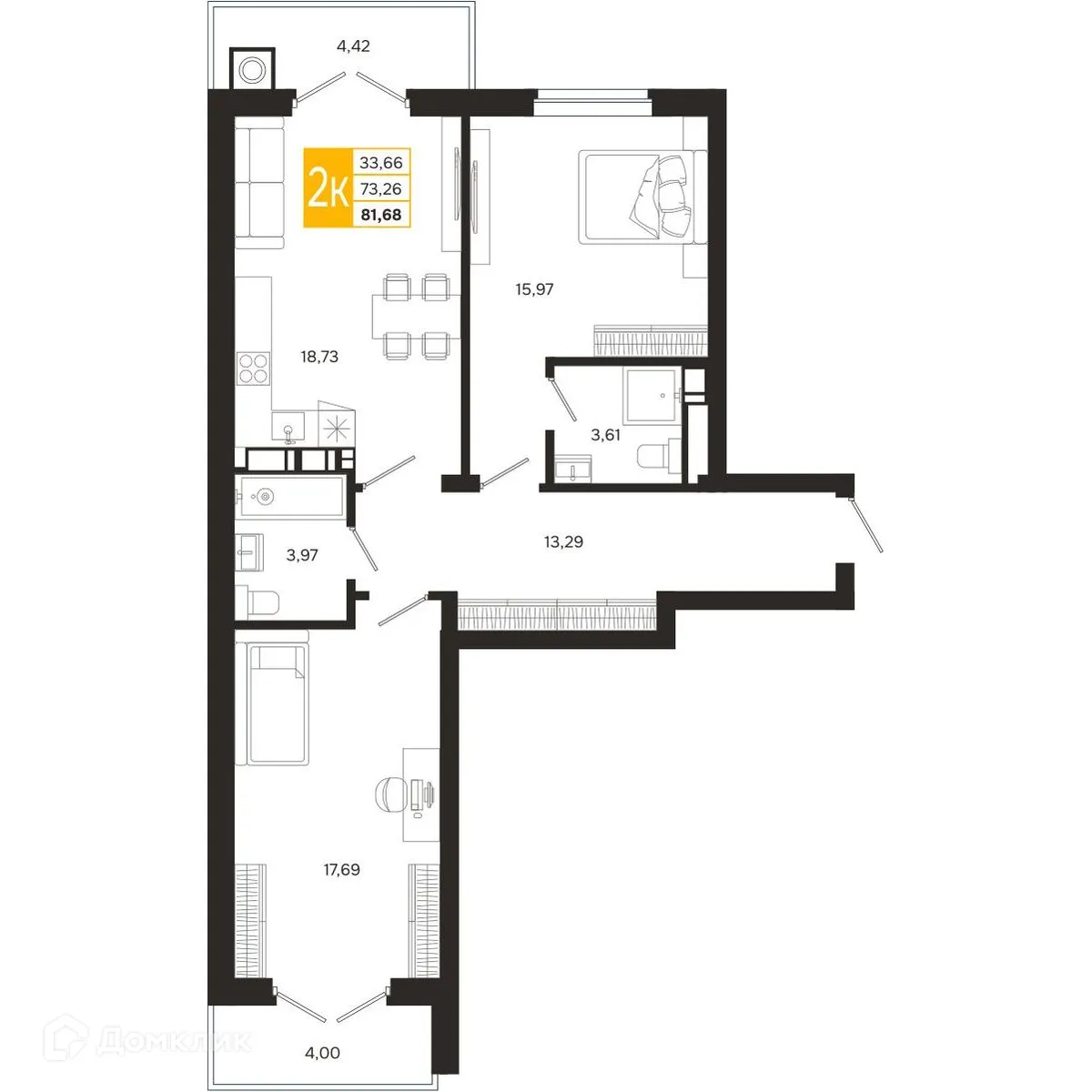 Планировка 2-комнатной квартиры 81.68 м² в ЖК Ривер Парк, г. Рязань — фото 4