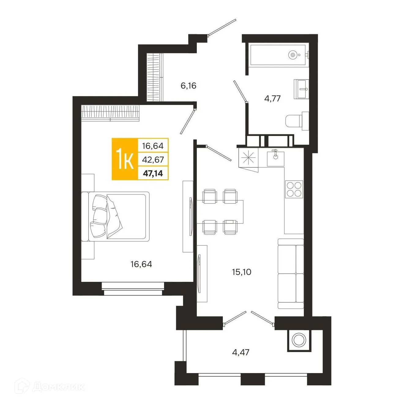 Планировка 1-комнатной квартиры 47.14 м² в ЖК Ривер Парк, г. Рязань — фото 4