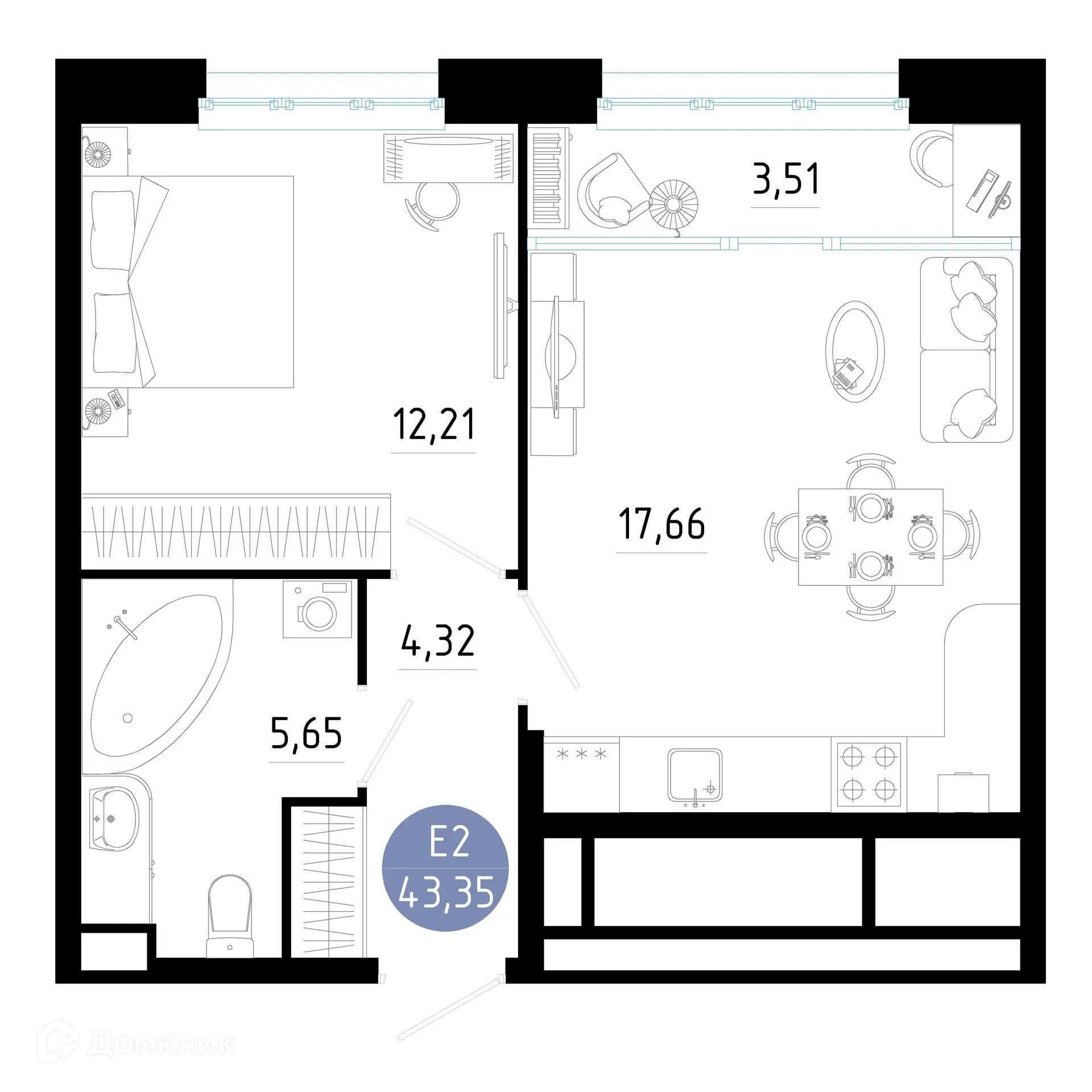 Планировка 1-комнатной квартиры 43.35 м² в ЖК РОЩА, г. Рязань — фото 1