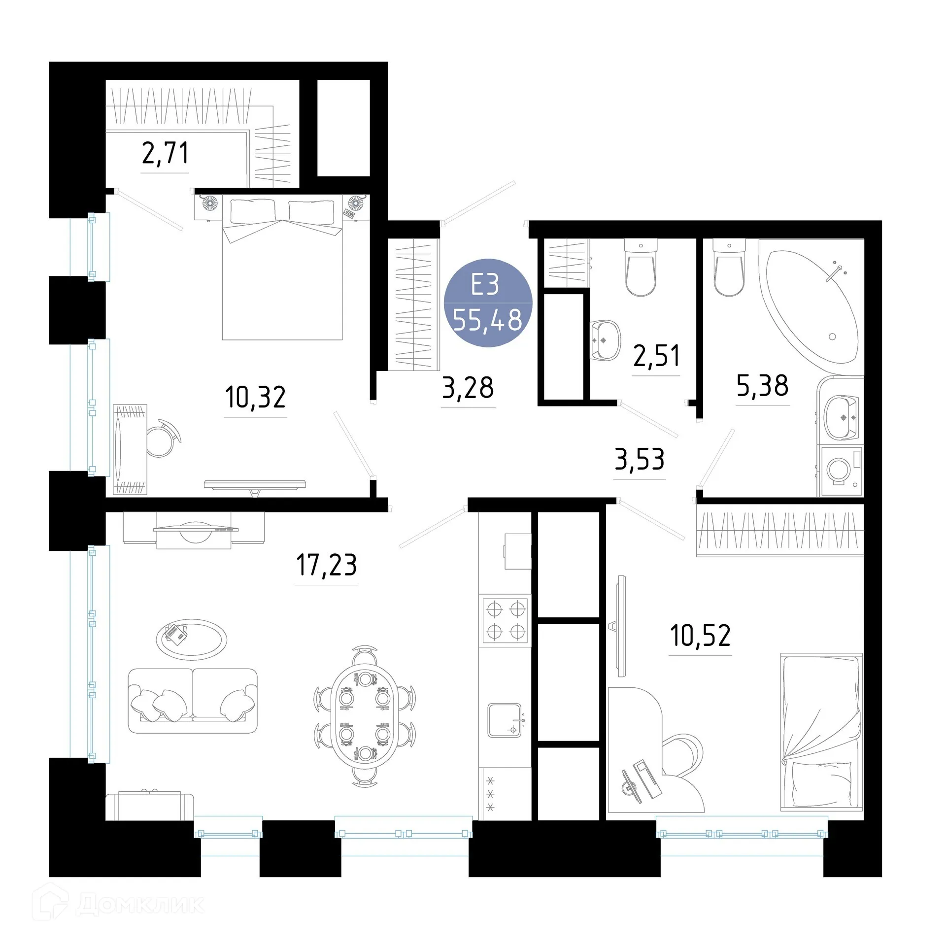 Планировка 2-комнатной квартиры 55.48 м² в ЖК РОЩА, г. Рязань — фото 17