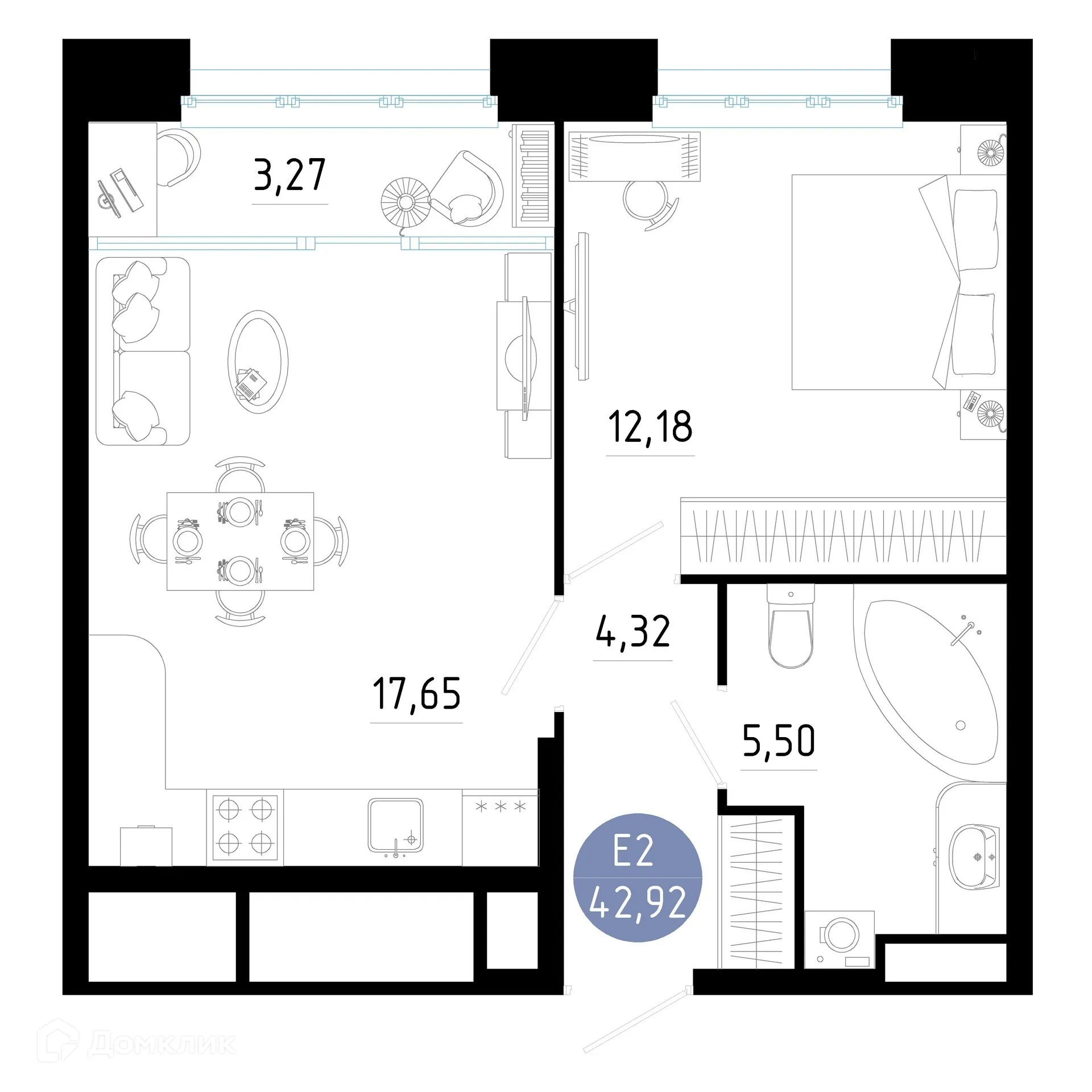 Планировка 1-комнатной квартиры 42.92 м² в ЖК РОЩА, г. Рязань — фото 17