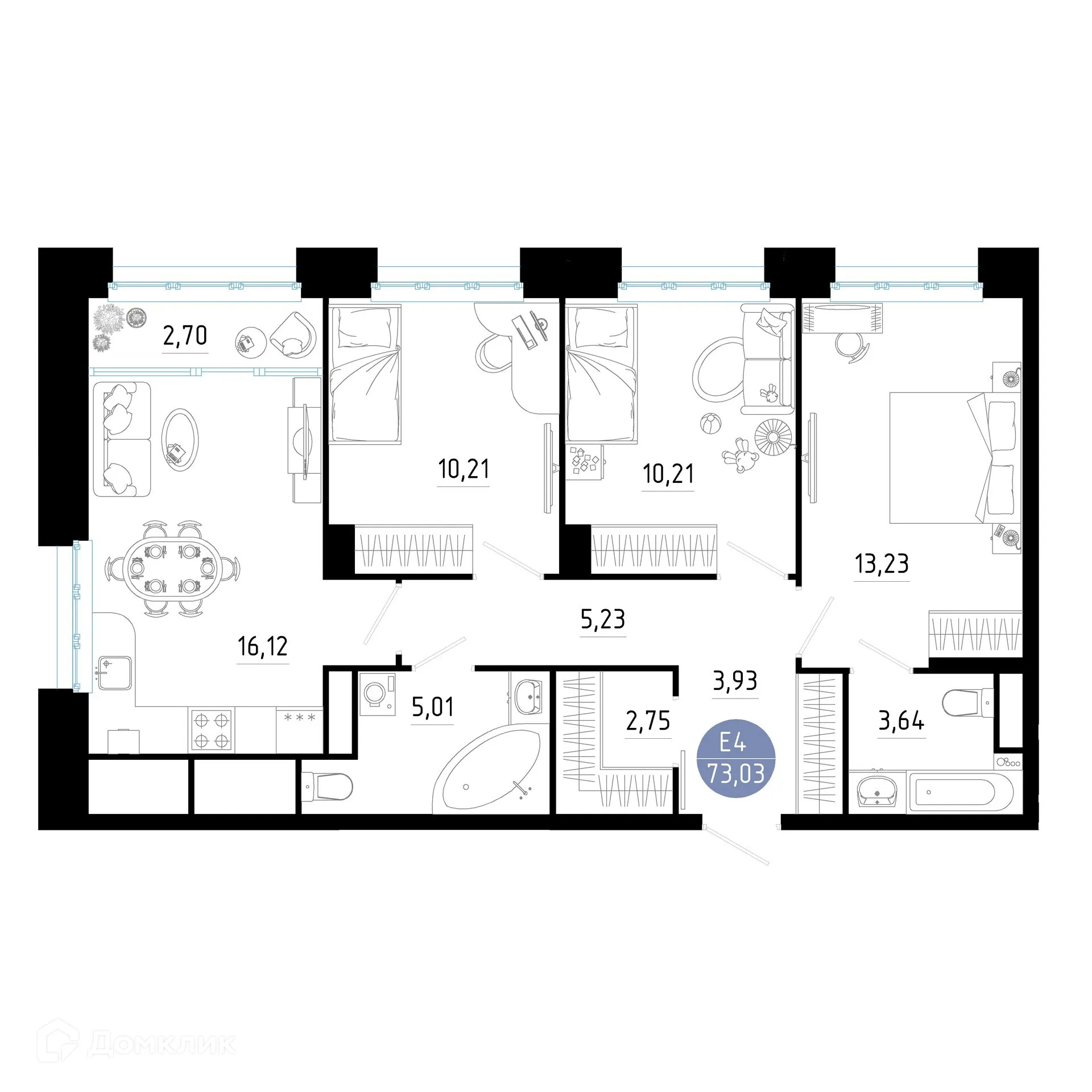 Планировка 3-комнатной квартиры 73.03 м² в ЖК РОЩА, г. Рязань — фото 16