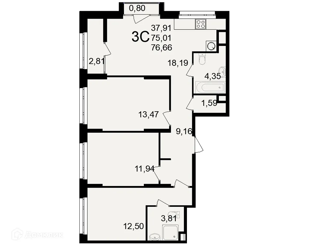Планировка 3-комнатной квартиры 76.66 м² в ЖК Аура, г. Рязань — фото 2