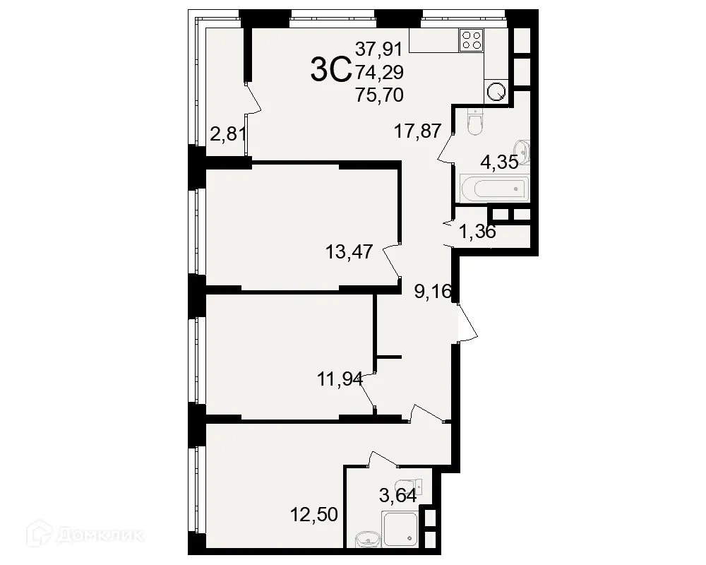 Планировка 3-комнатной квартиры 75.7 м² в ЖК Аура, г. Рязань — фото 2