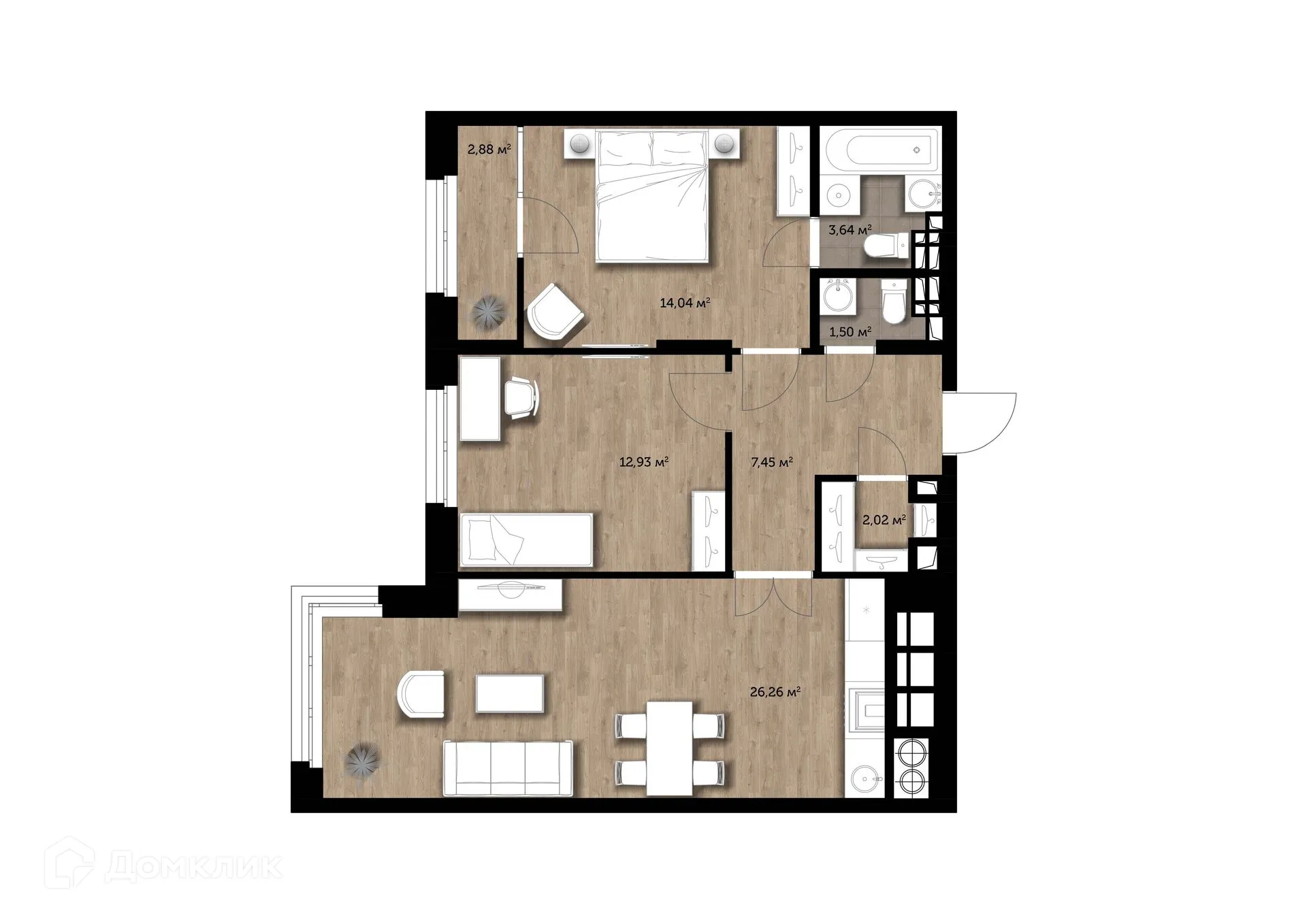 Планировка 2-комнатной квартиры 68.95 м² в ЖК "Голландия", г. Рязань — фото 3