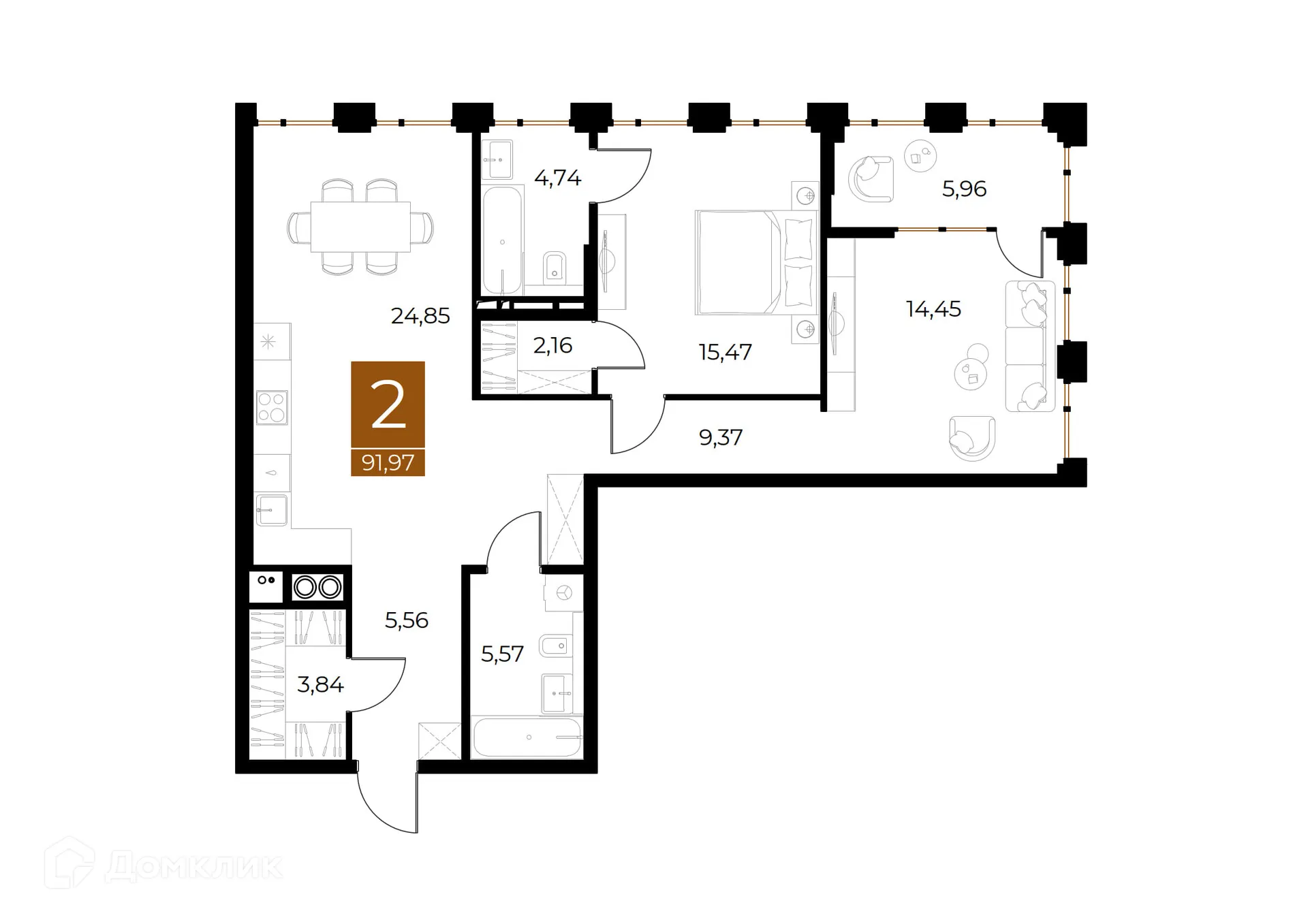 Планировка 2-комнатной квартиры 91.97 м² в ЖК МЕДНЫЙ, г. Рязань — фото 3