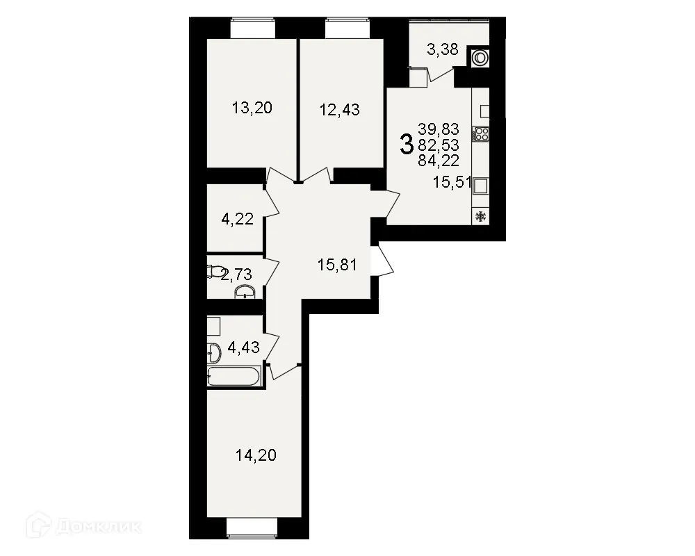Планировка 3-комнатной квартиры 84.22 м² в ЖК Видный, г. Рязань — фото 2