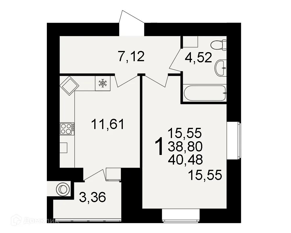 Планировка 1-комнатной квартиры 40.48 м² в ЖК Видный, г. Рязань — фото 2