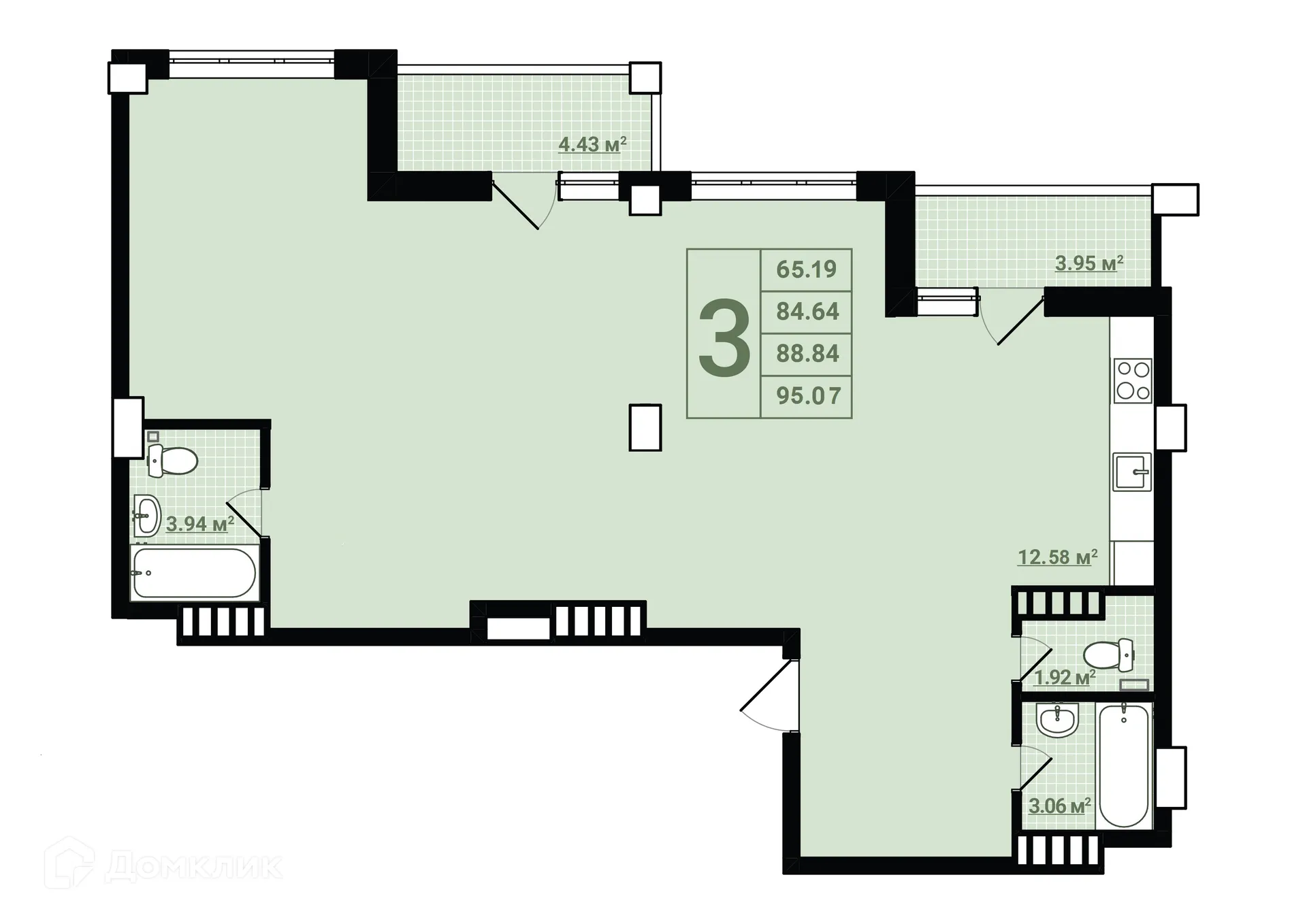 Планировка 3-комнатной квартиры 94.7 м² в ЖК "Весна", г. Самара — фото 1