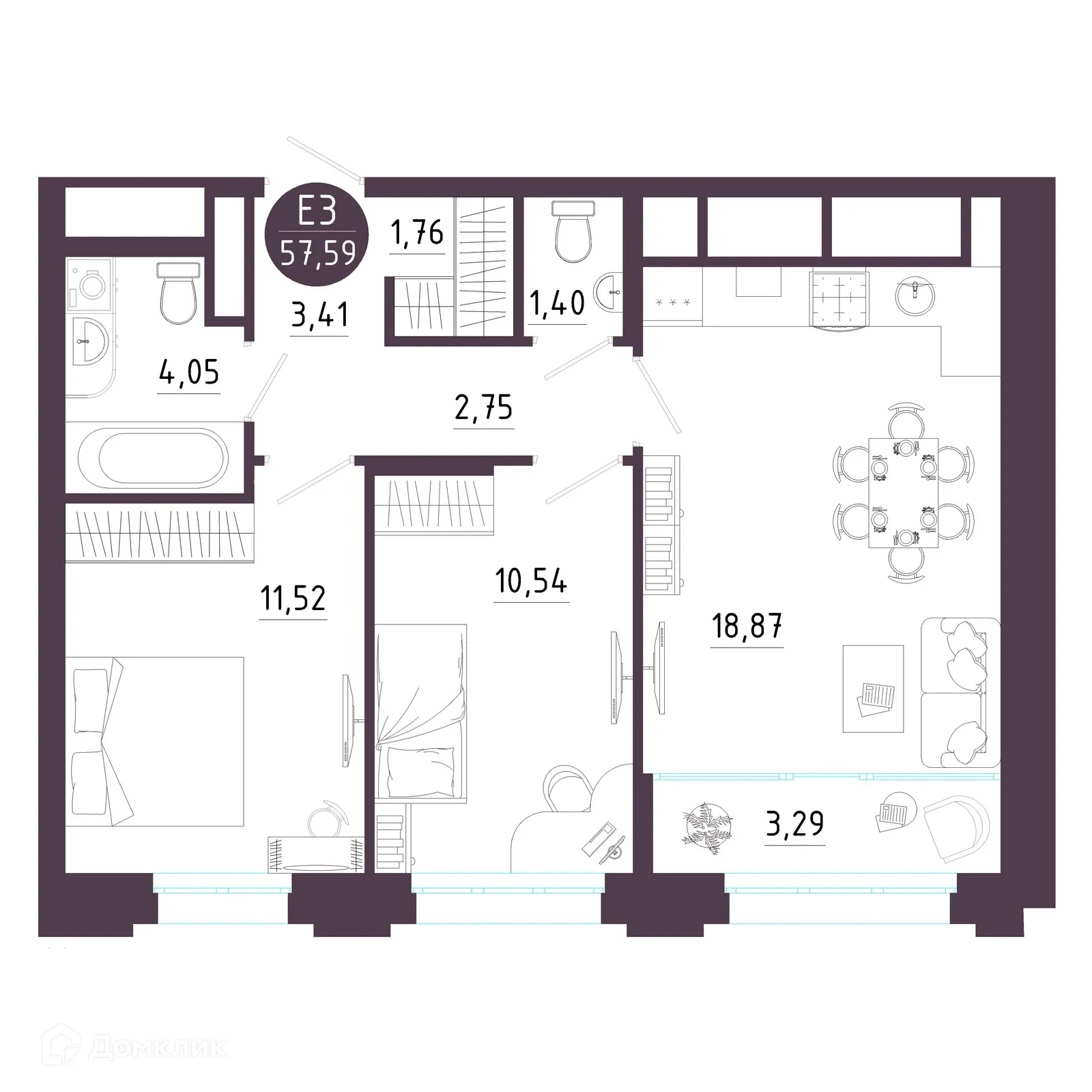 Планировка 2-комнатной квартиры 57.59 м² в ЖК Крылья, г. Рязань — фото 3