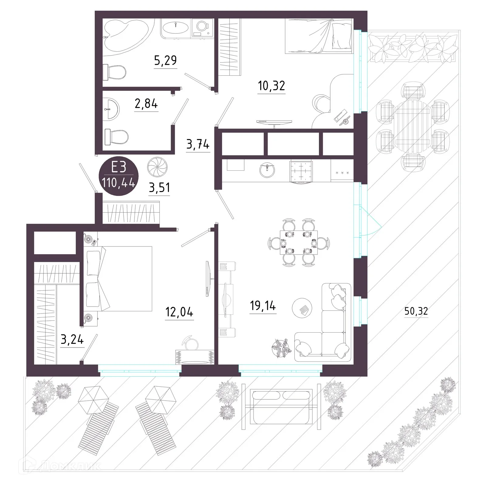 Планировка 2-комнатной квартиры 111.55 м² в ЖК Крылья, г. Рязань — фото 3