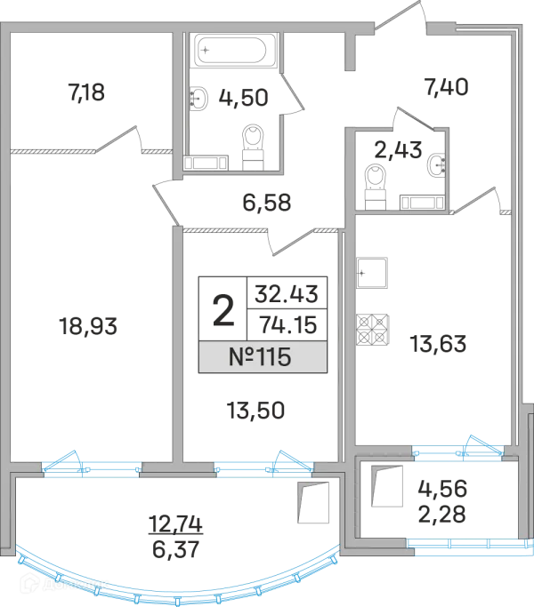 Планировка 2 комн. в ЖК Дом-Мегалит в Королёве
