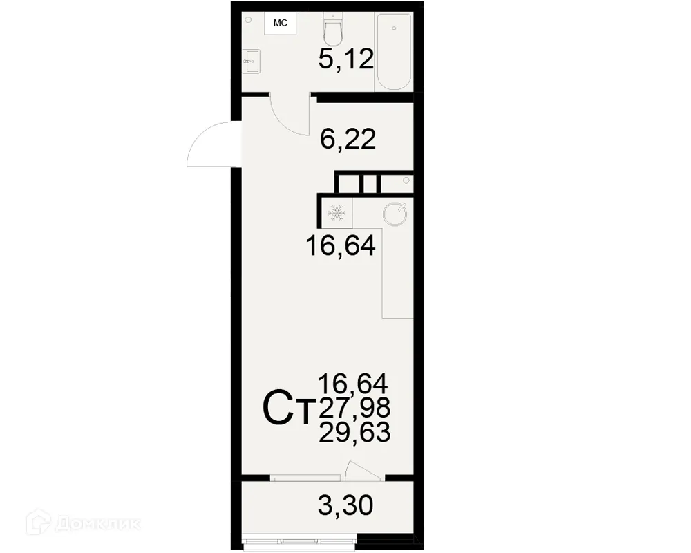 Планировка 1-комнатной квартиры 29.63 м² в ЖК Радости жизни, г. Рязань — фото 2