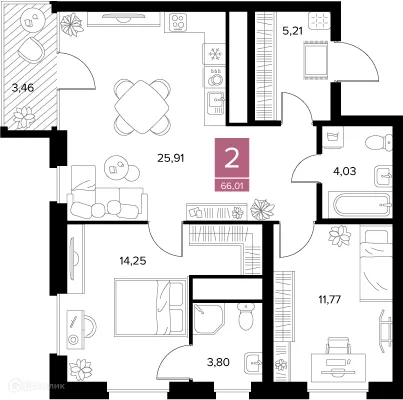 Планировка 2-комнатной квартиры 66.01 м² в ЖК Квартал Дягилев, г. Рязань — фото 2