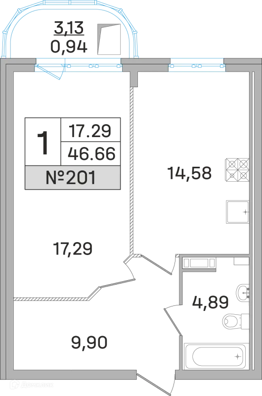 Планировка 1 комн. в ЖК Дом-Мегалит в Королёве