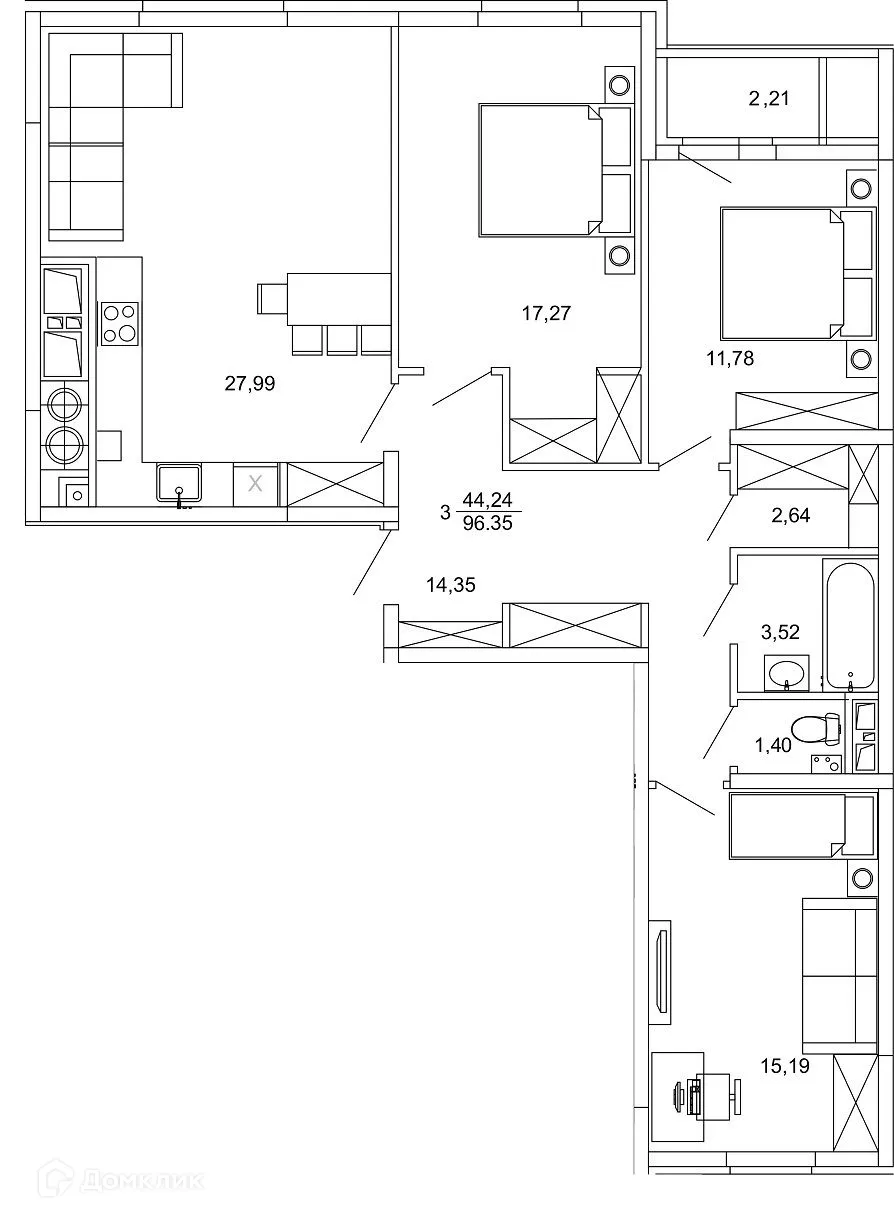 Планировка 3-комнатной квартиры 96.35 м² в ЖК Смарт Квартал ЦЕНТРАЛЬНЫЙ, г. Рязань — фото 34
