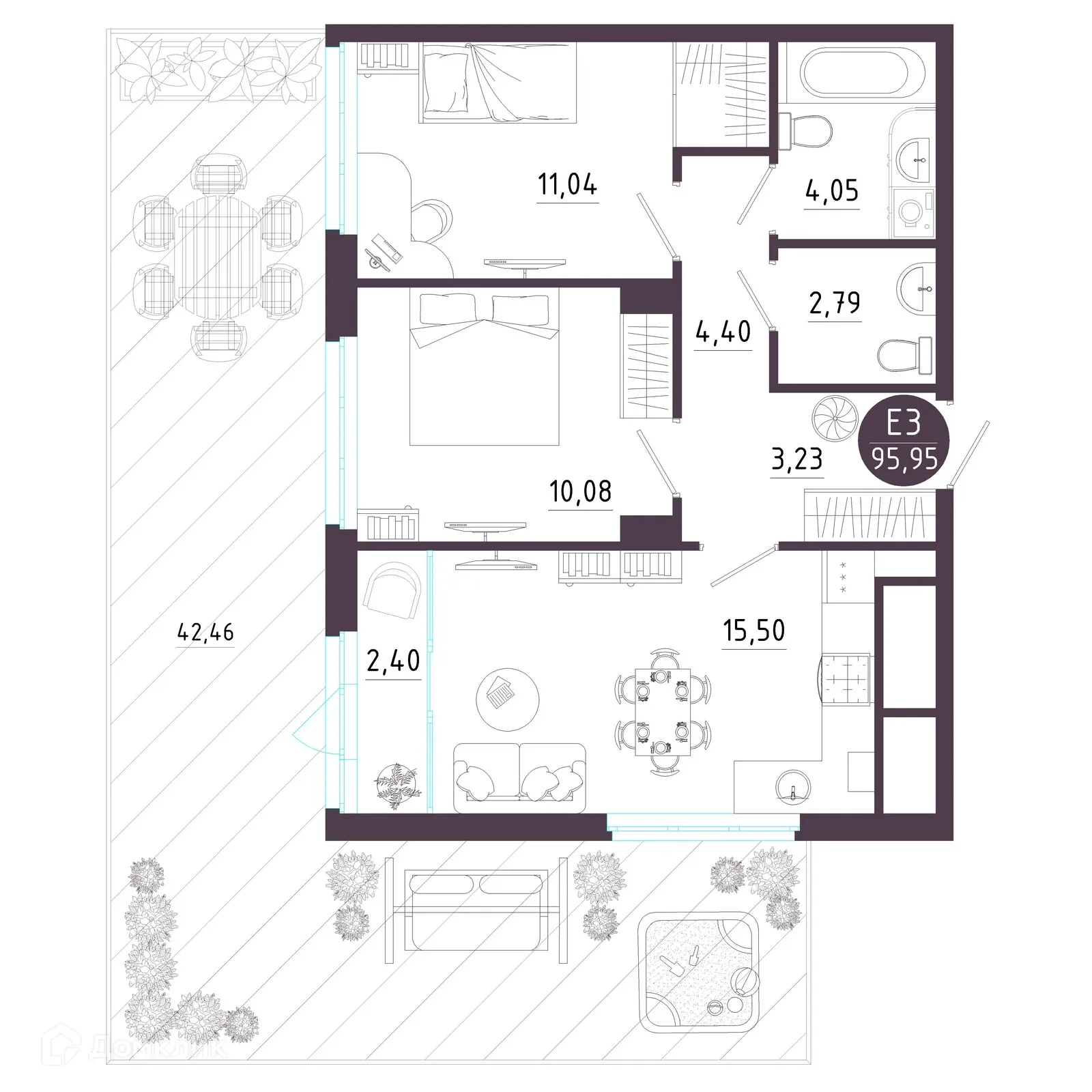 Планировка 2-комнатной квартиры 96.05 м² в ЖК Крылья, г. Рязань — фото 16