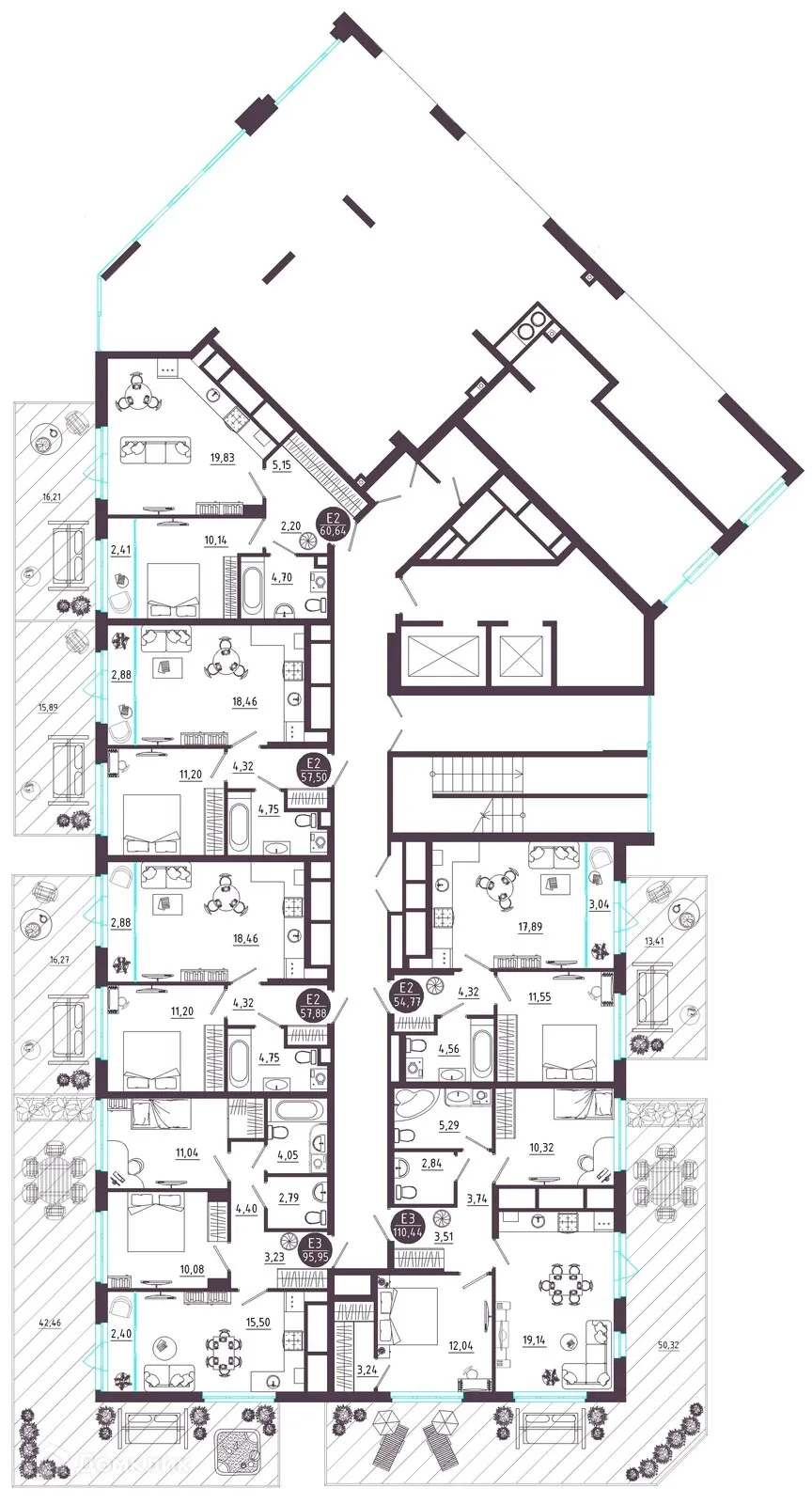 Планировка 2-комнатной квартиры 96.05 м² в ЖК Крылья, г. Рязань — фото 17