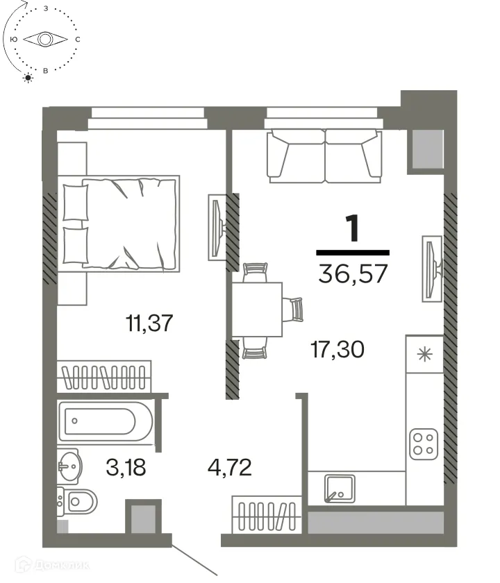 Планировка 1-комнатной квартиры 36.57 м² в ЖК "Северный", г. Рязань — фото 1