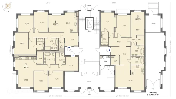 3 комн. в ЖК Жилой дом на Вознесенской