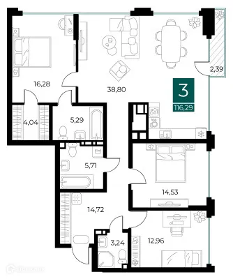 Планировка 3-комнатной квартиры 116.29 м² в ЖК Арт-кварталы, г. Рязань — фото 8