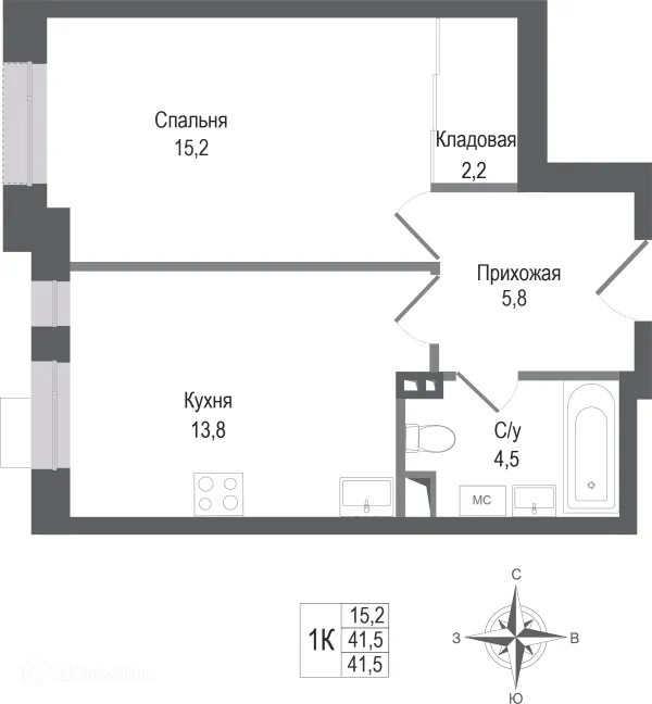 Планировка 1 комн. в ЖК Киноквартал