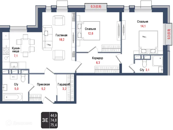 Планировка 3 комн. в ЖК Киноквартал