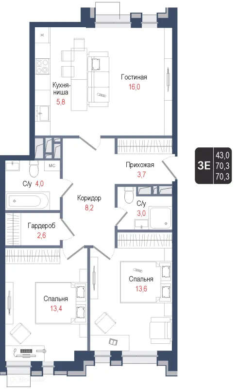 Планировка 3 комн. в ЖК Киноквартал