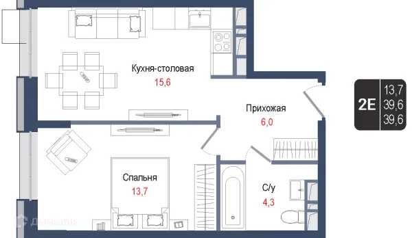 Планировка 2 комн. в ЖК Киноквартал