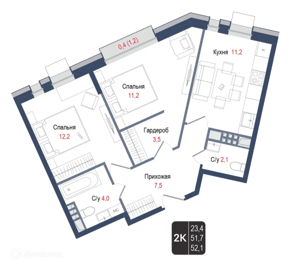 Планировка 2 комн. в ЖК Киноквартал