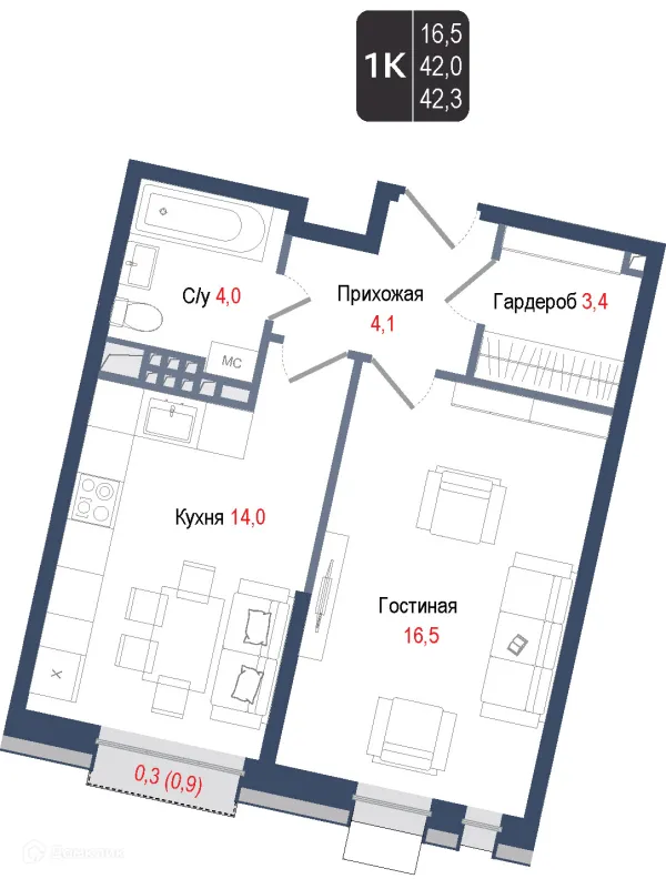 Планировка 1 комн. в ЖК Киноквартал