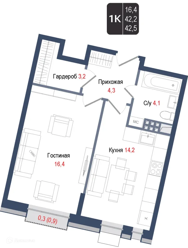 Планировка 1 комн. в ЖК Киноквартал
