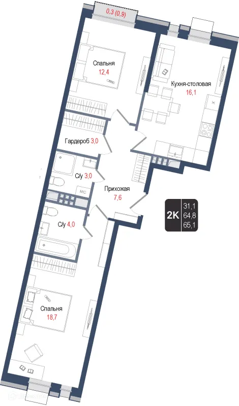 Планировка 2 комн. в ЖК Киноквартал