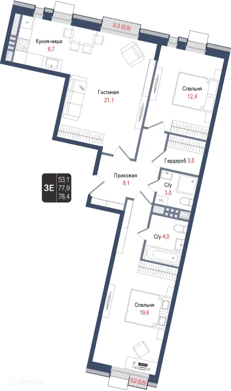 Планировка 3 комн. в ЖК Киноквартал