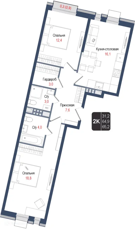 Планировка 2 комн. в ЖК Киноквартал