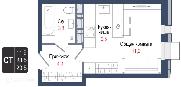Планировка Студия в ЖК Киноквартал